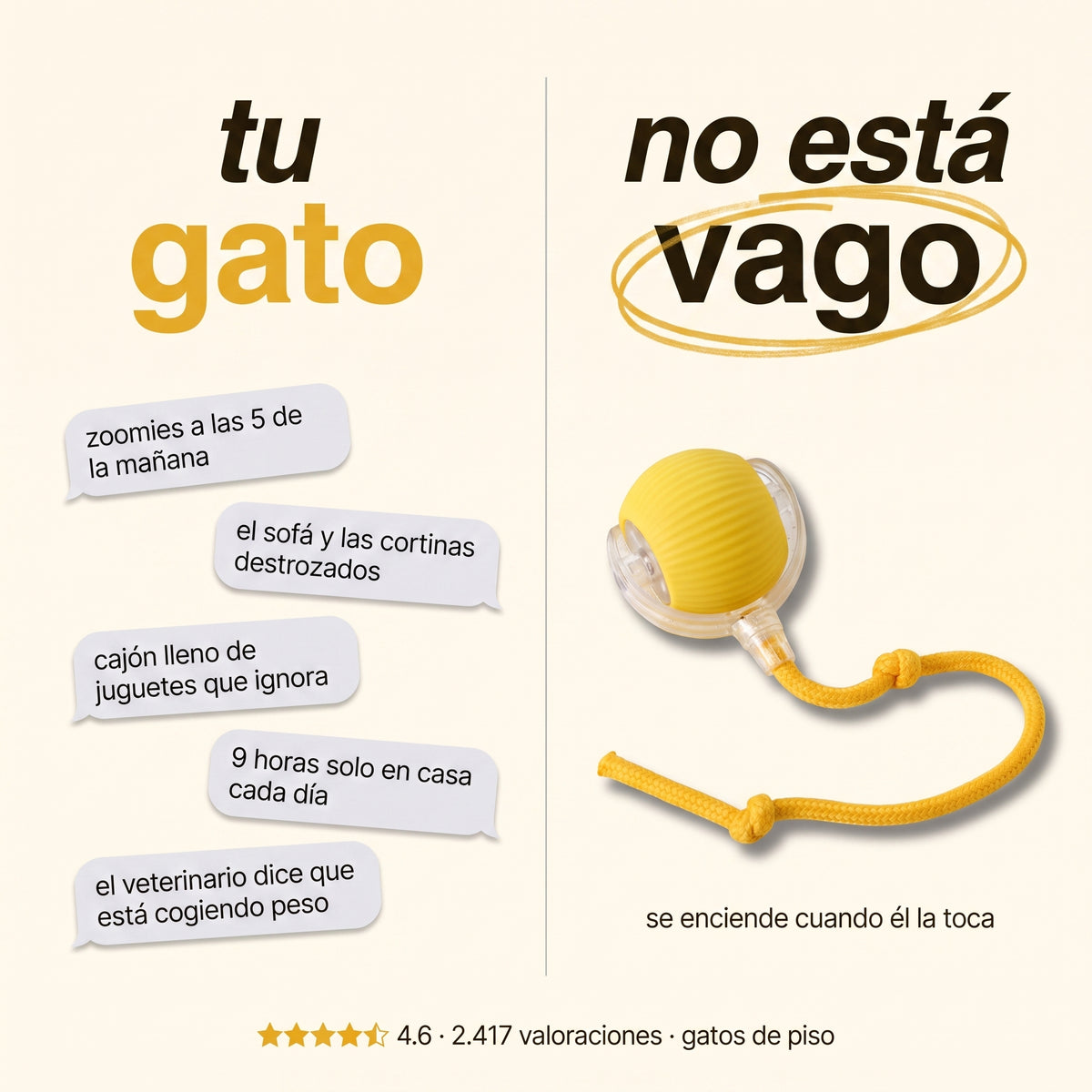 Bola Interactiva Inteligente para Gatos con Cuerda
