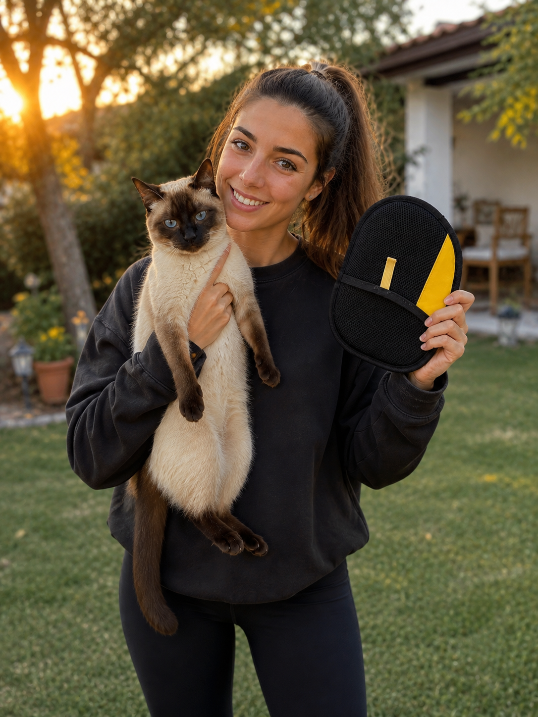 Clienta real de Peludos Store con su gato y la manopla quitapelos